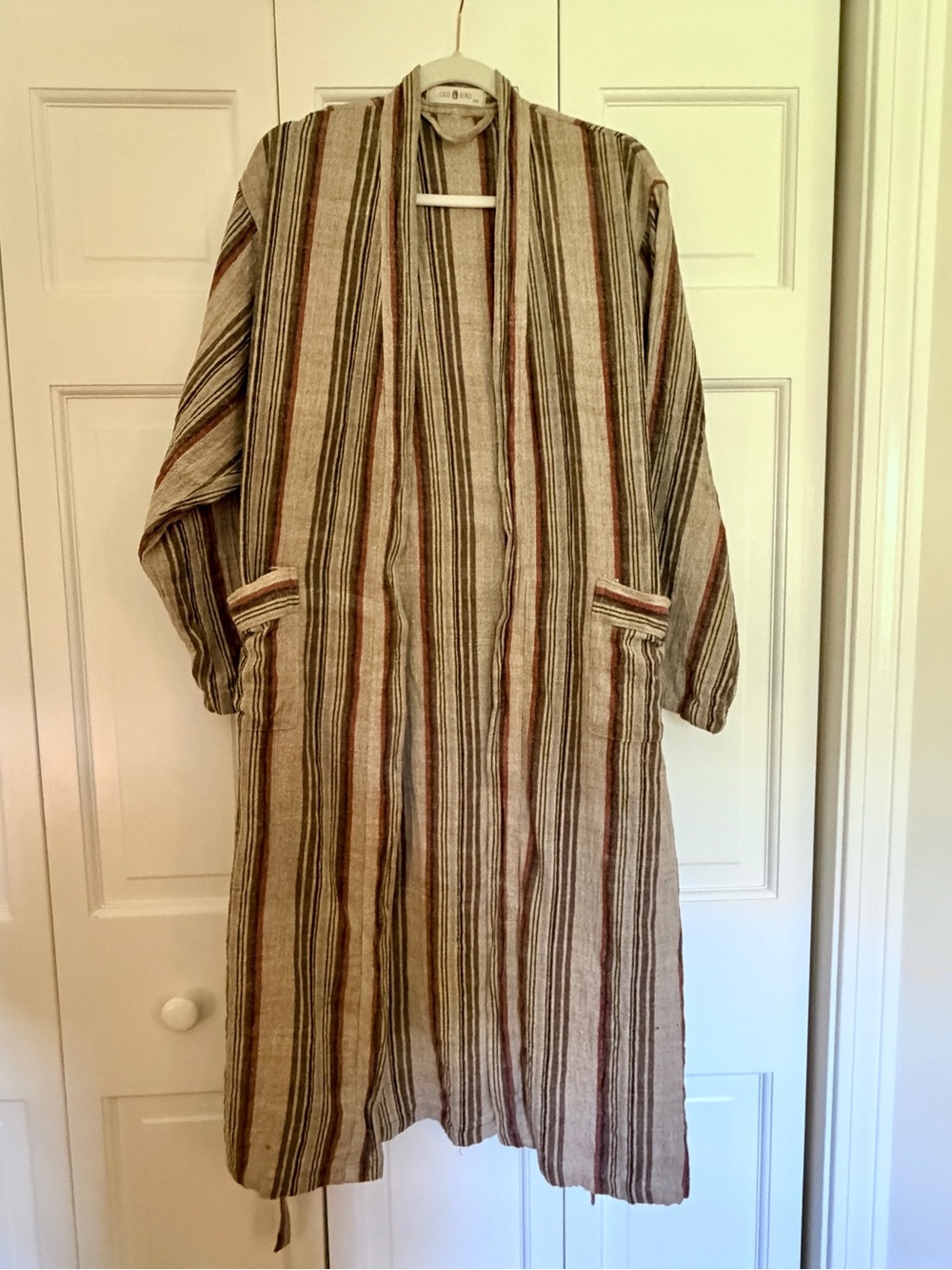 Oddbird Cotton Striped Open-Front Unisex Robe in Beige, Brown and Black S/M